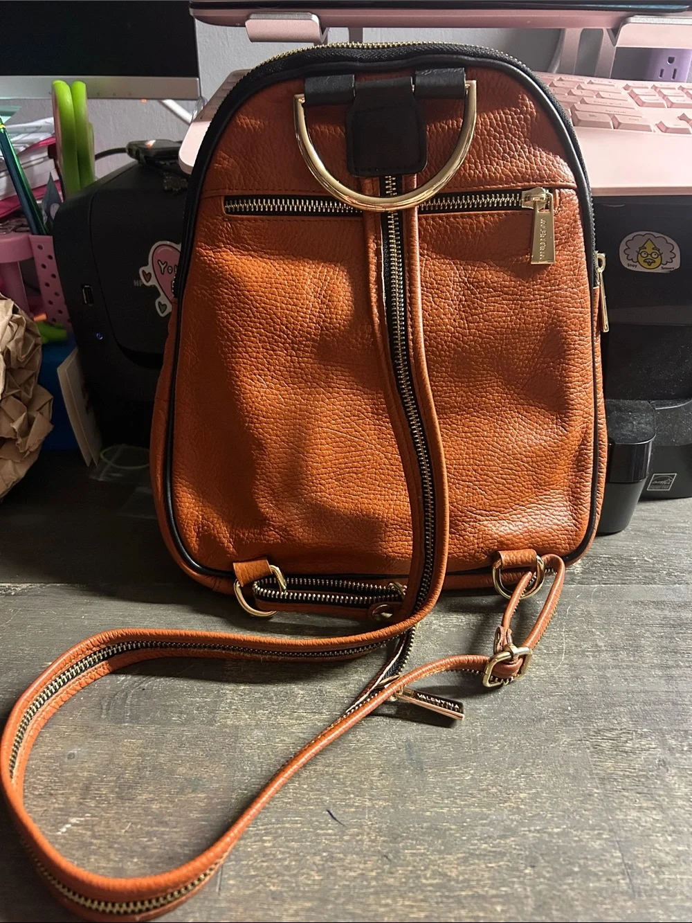 Valentina Made in Italy Genuine Leather Convertible Backpack in Cognac